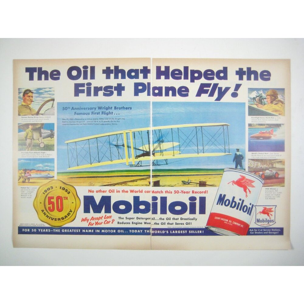 Vintage 1953 Mobiloil 2 Page Print AD 50th Anniversary Wright Brothers Flight